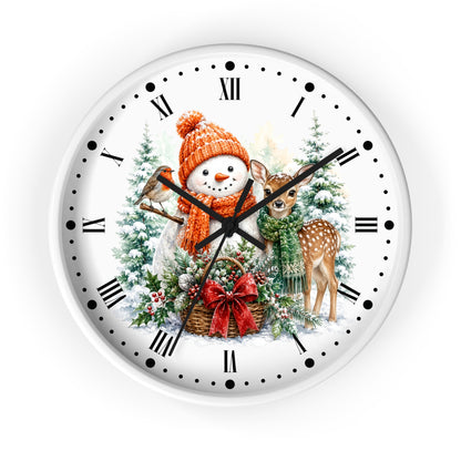 Snowman & Fawn Holiday Wall Clock — Festive Winter Deer Decor