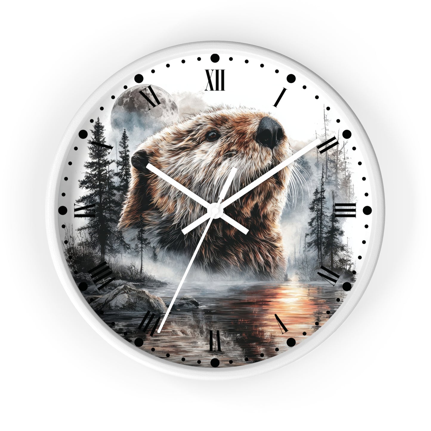 A round wall clock with a white frame and a printed nature scene featuring a beaver in a forest by a lake, with black Roman numerals and white hands on a white background.