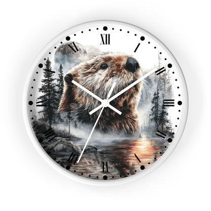 A round wall clock with a white frame and a printed nature scene featuring a beaver in a forest by a lake, with black Roman numerals and white hands on a white background.