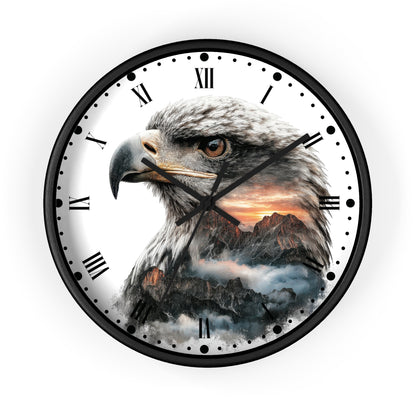 Round wall clock with a black frame and Roman numerals, featuring a printed design of a bald eagle over a mountain landscape at sunset on the clock face.