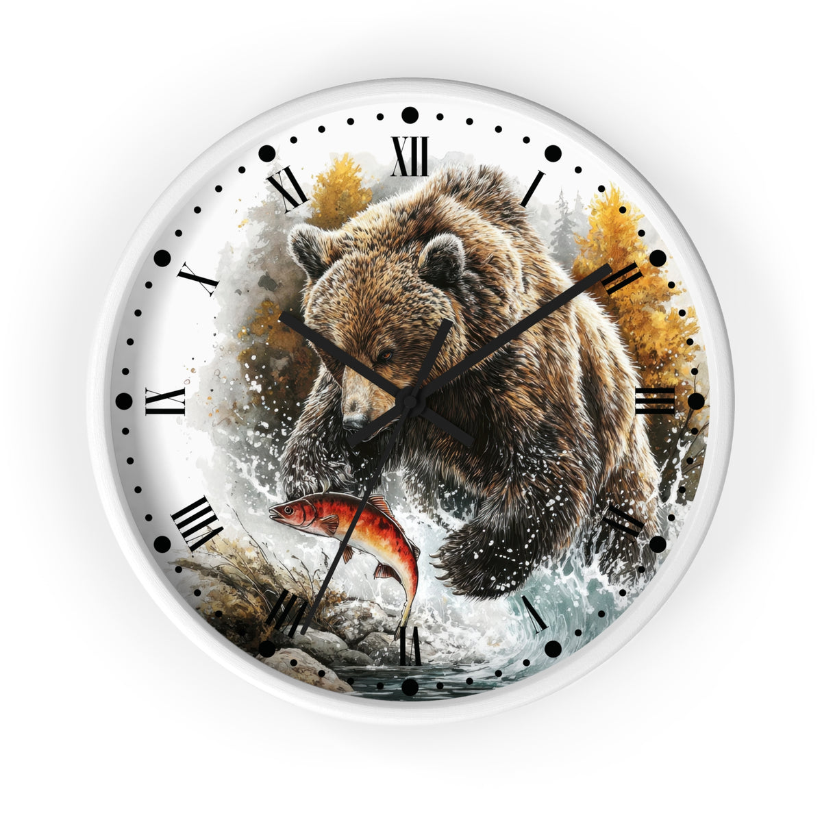 Bear Fishing Wall Clock — Rustic Wildlife River Scene Home Decor