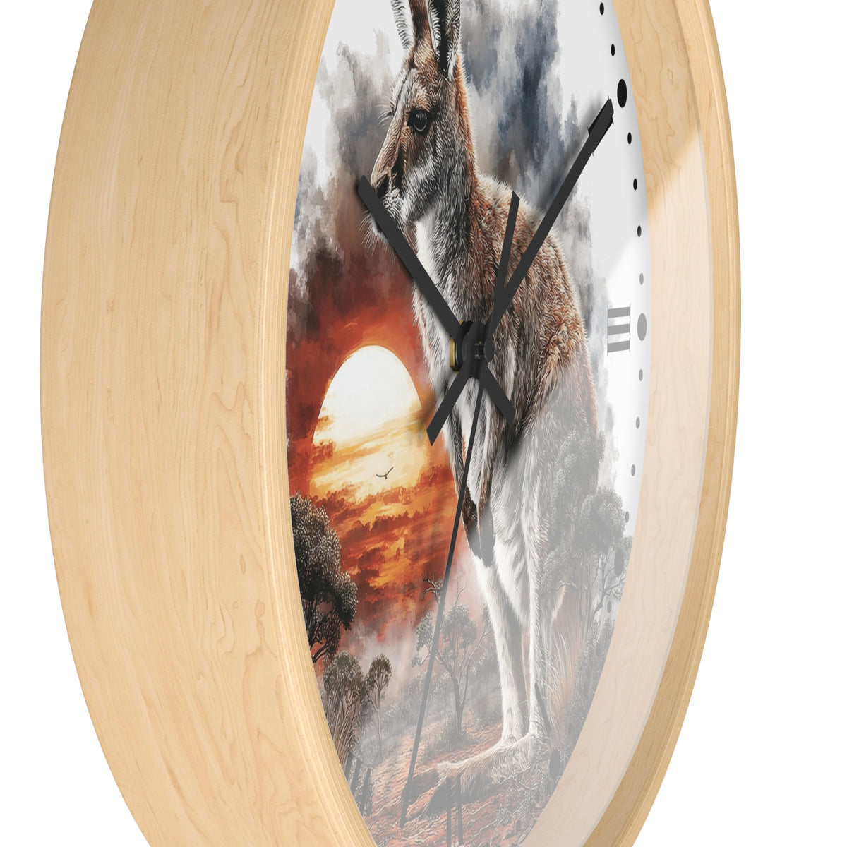 Round wall clock with a light natural wood frame and a printed artwork of a kangaroo in front of a dramatic sunset sky, shown on a white background.