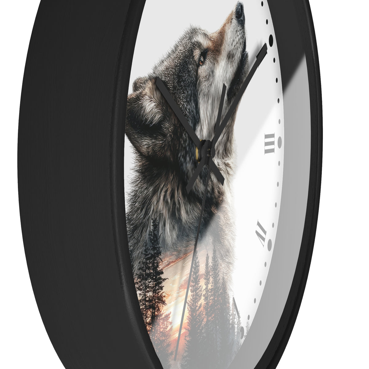 Wolf  Sunset Wall Clock with Roman Numerals — Rustic Forest Animal Decor