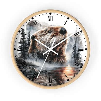 Round wall clock with a light wood frame and a printed nature scene featuring a beaver in a misty forest by water, with black Roman numerals and white hands on a white background.
