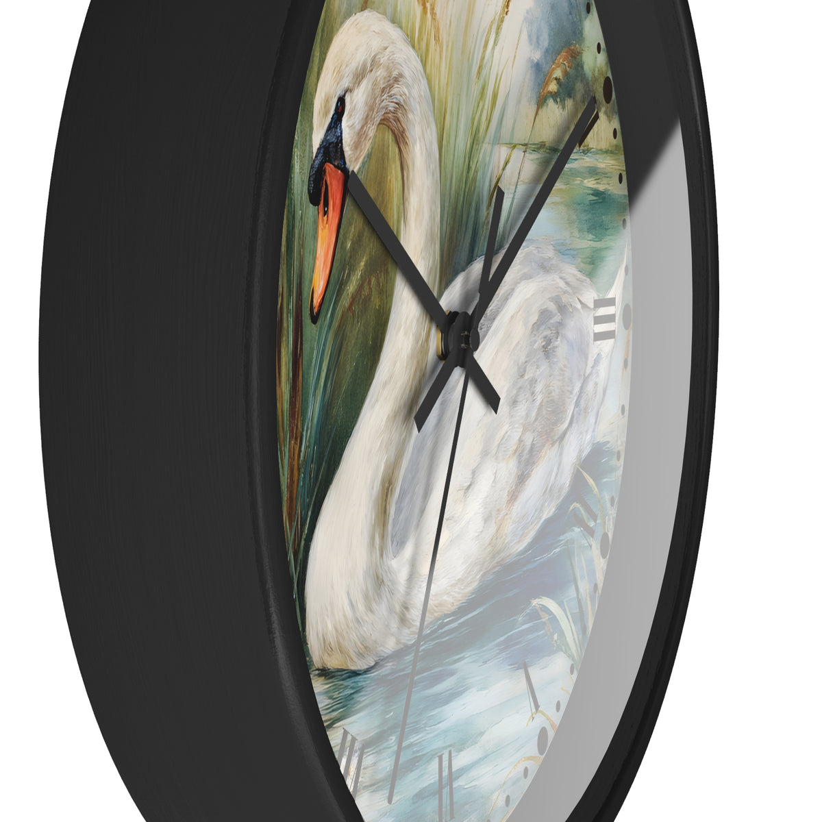 Round wall clock with a black frame and a printed swan artwork on the face, shown against a plain white background.