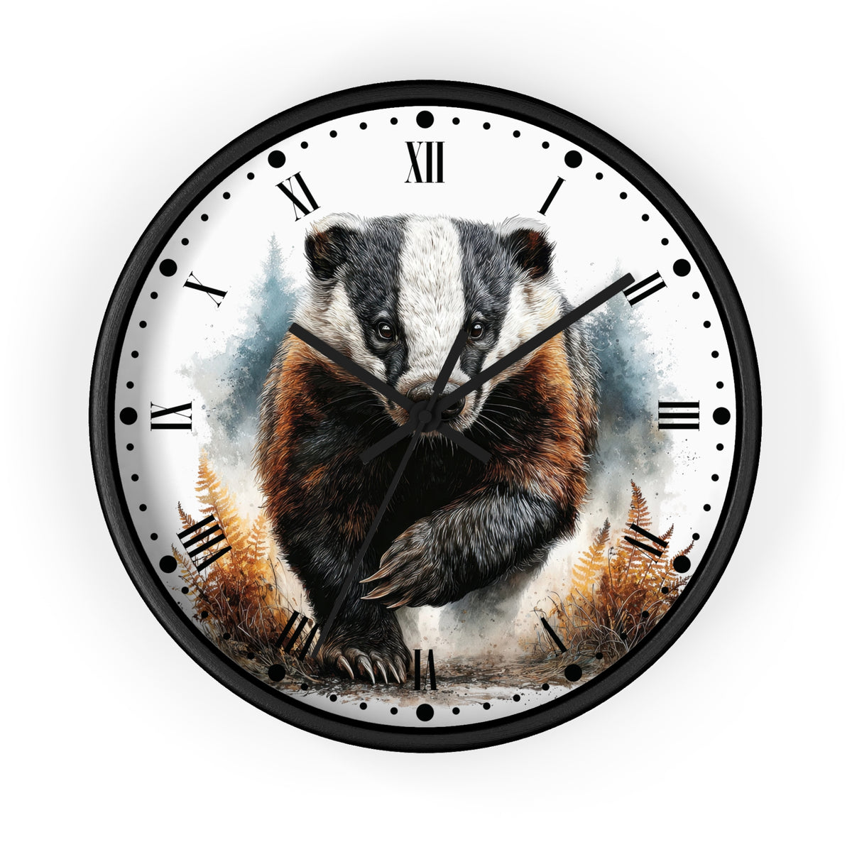 Round wall clock with a black frame and a printed illustration of a badger on the face, with black Roman numerals and hands on a white background.