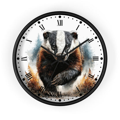 Round wall clock with a black frame and a printed illustration of a badger on the face, with black Roman numerals and hands on a white background.