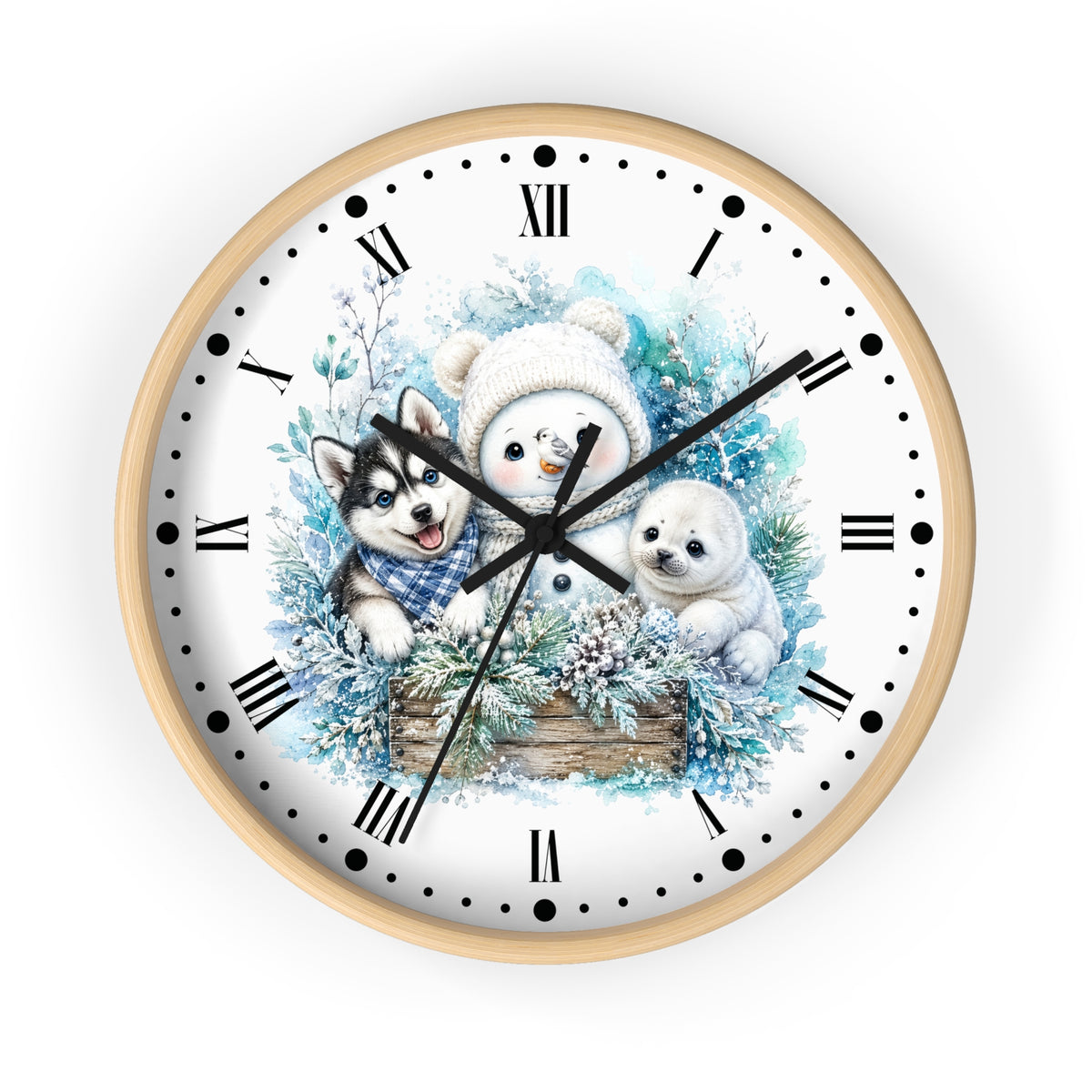 A round wall clock with a light wood frame and a white face, featuring a winter illustration of a snowman, a husky, and a polar bear surrounded by blue foliage and pine branches. The clock has black Roman numerals and hands on a clean white background.