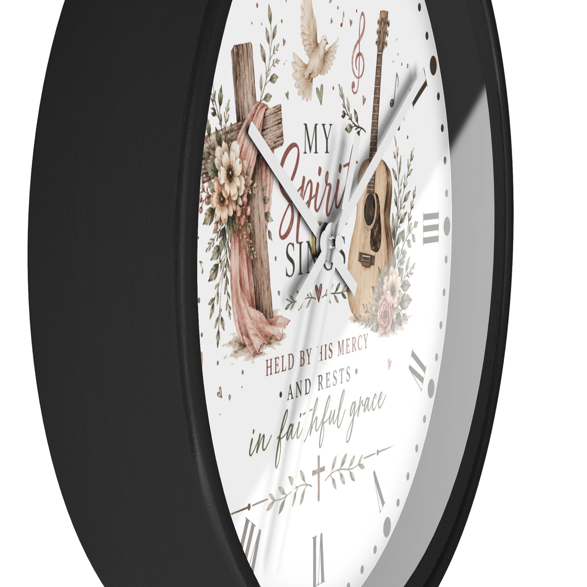 My Spirit Sings Religious Wall Clock — Faith-Inspired Guitar & Cross Home Decor