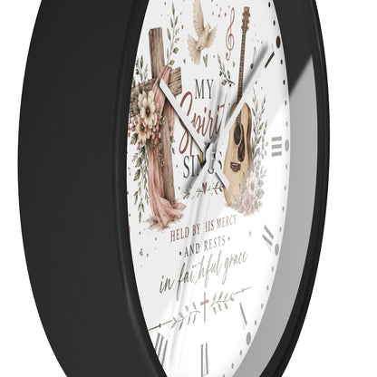 My Spirit Sings Religious Wall Clock — Faith-Inspired Guitar & Cross Home Decor