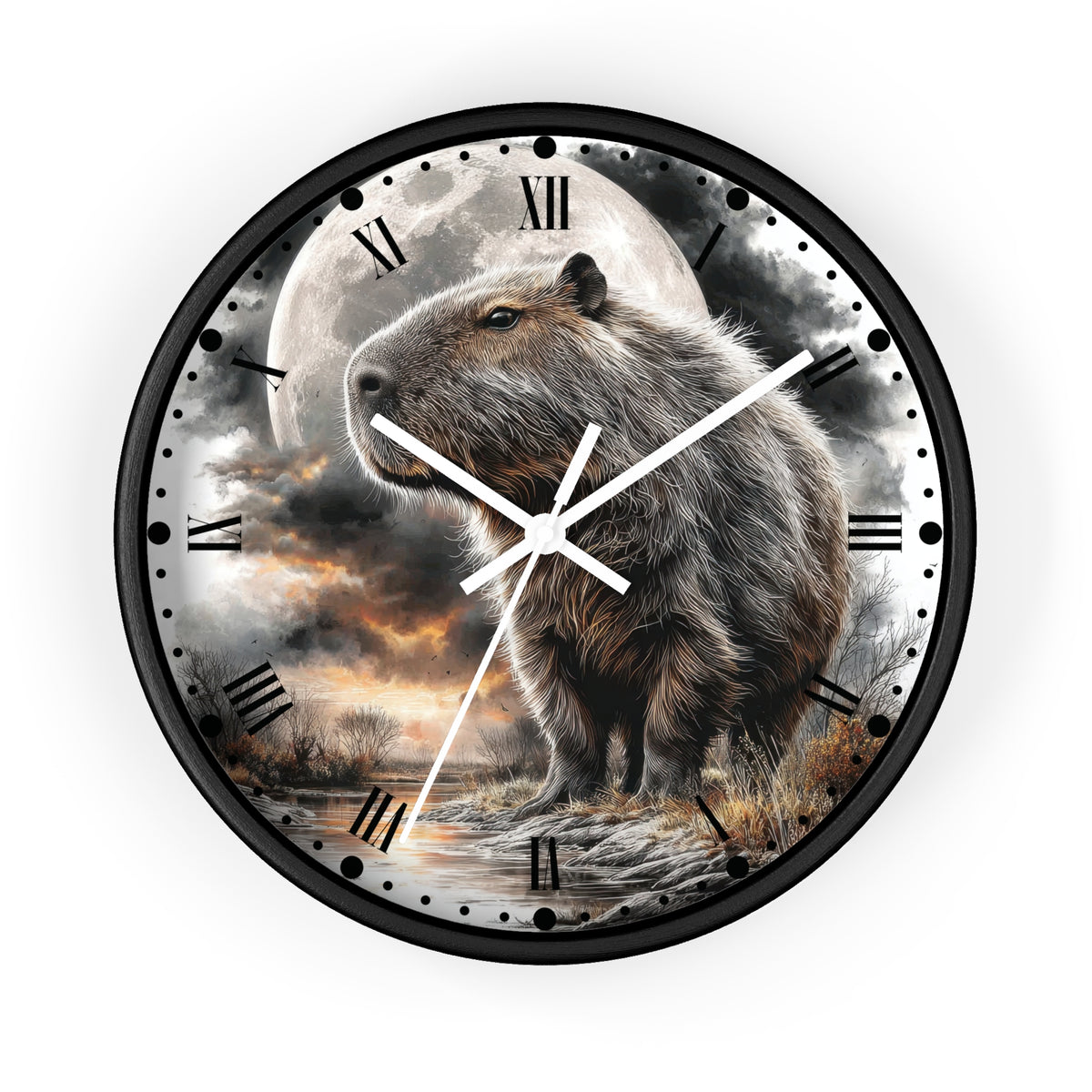 Round wall clock with a black frame and a printed scenic dial featuring a capybara standing in front of a large full moon and dramatic clouds. Roman numerals mark the hours, with white clock hands and black minute markers.