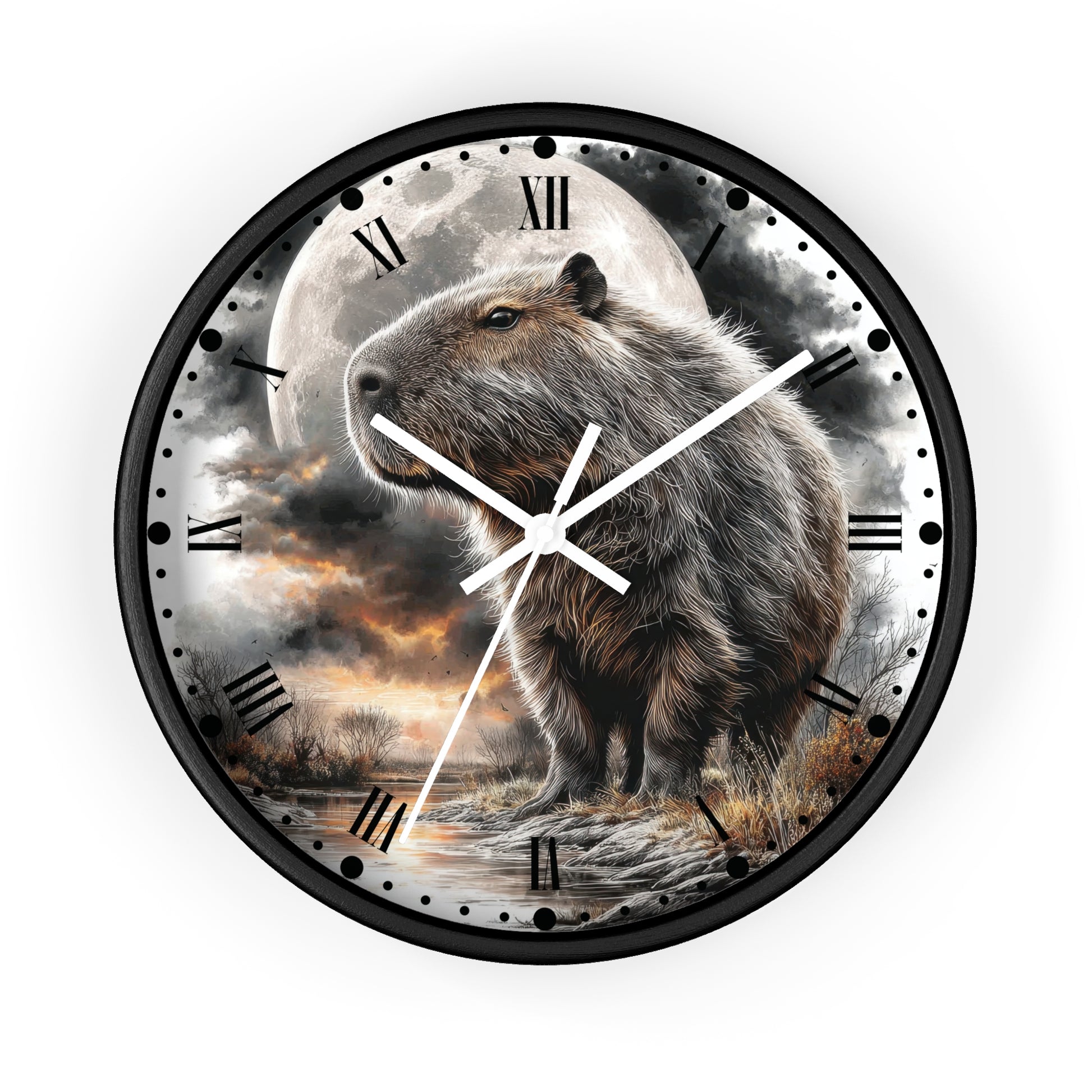 Round wall clock with a black frame and a printed scenic dial featuring a capybara standing in front of a large full moon and dramatic clouds. Roman numerals mark the hours, with white clock hands and black minute markers.
