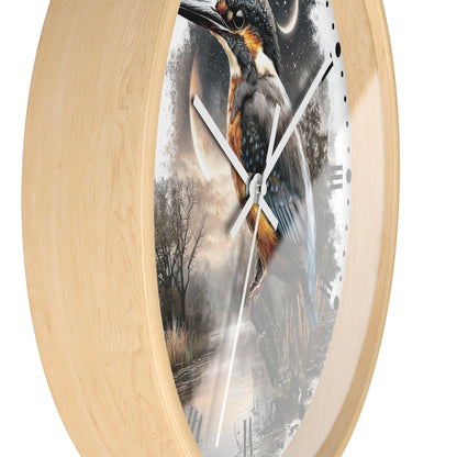 Round wall clock with a light natural wood frame and a printed bird scene on the face, showing a large kingfisher bird over a misty landscape with a moon and stars.