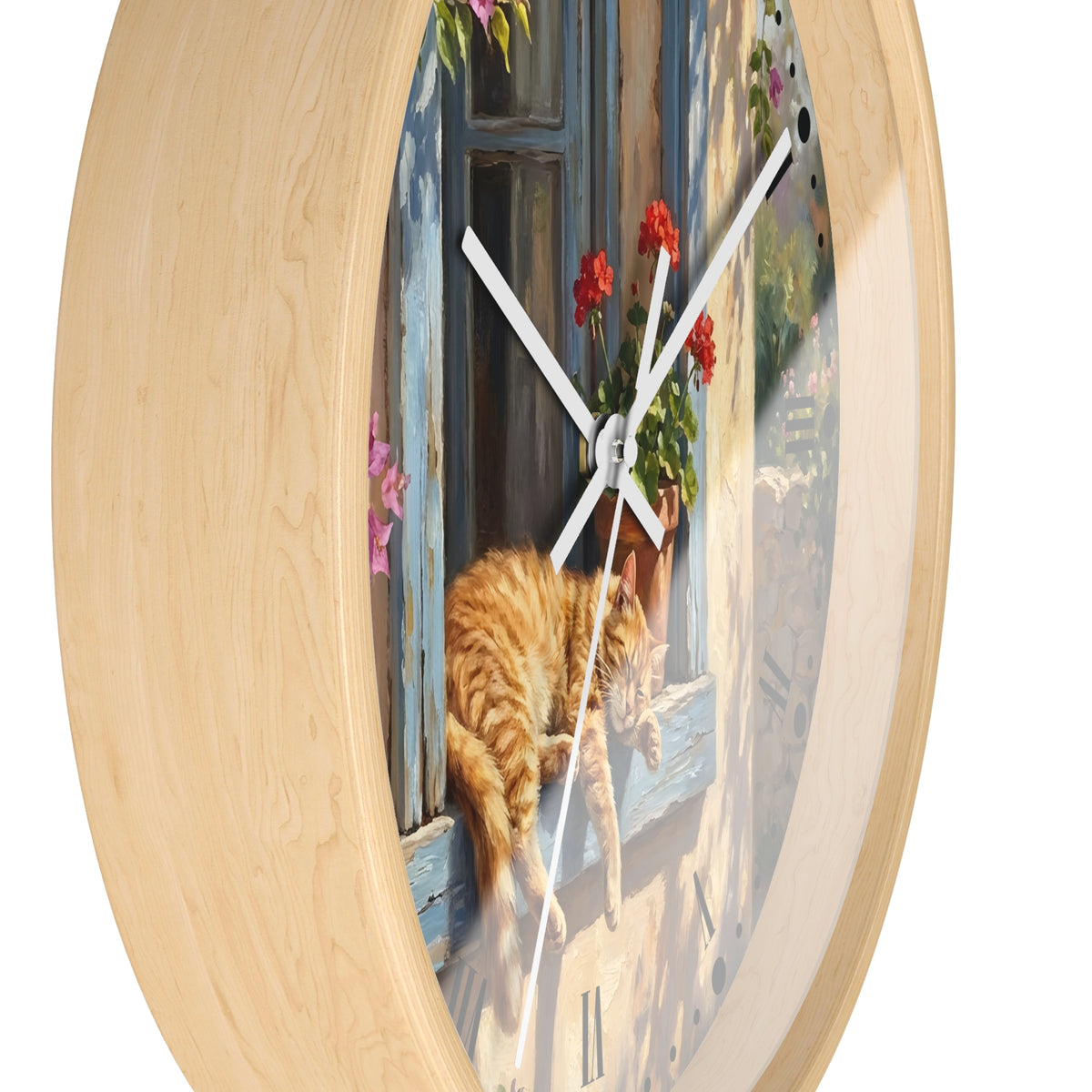 Round wall clock with a light natural wood frame and a printed scenic face showing an orange tabby cat by a blue window with red flowers.