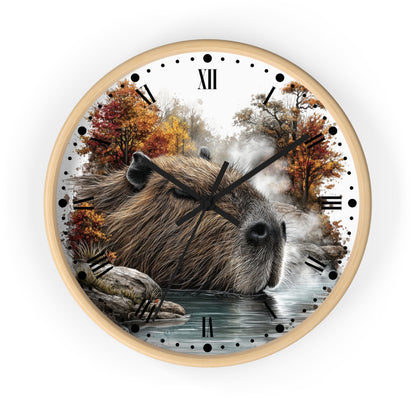 Capybara Autumn Wall Clock with Roman Numerals — Nature-Inspired Animal Decor
