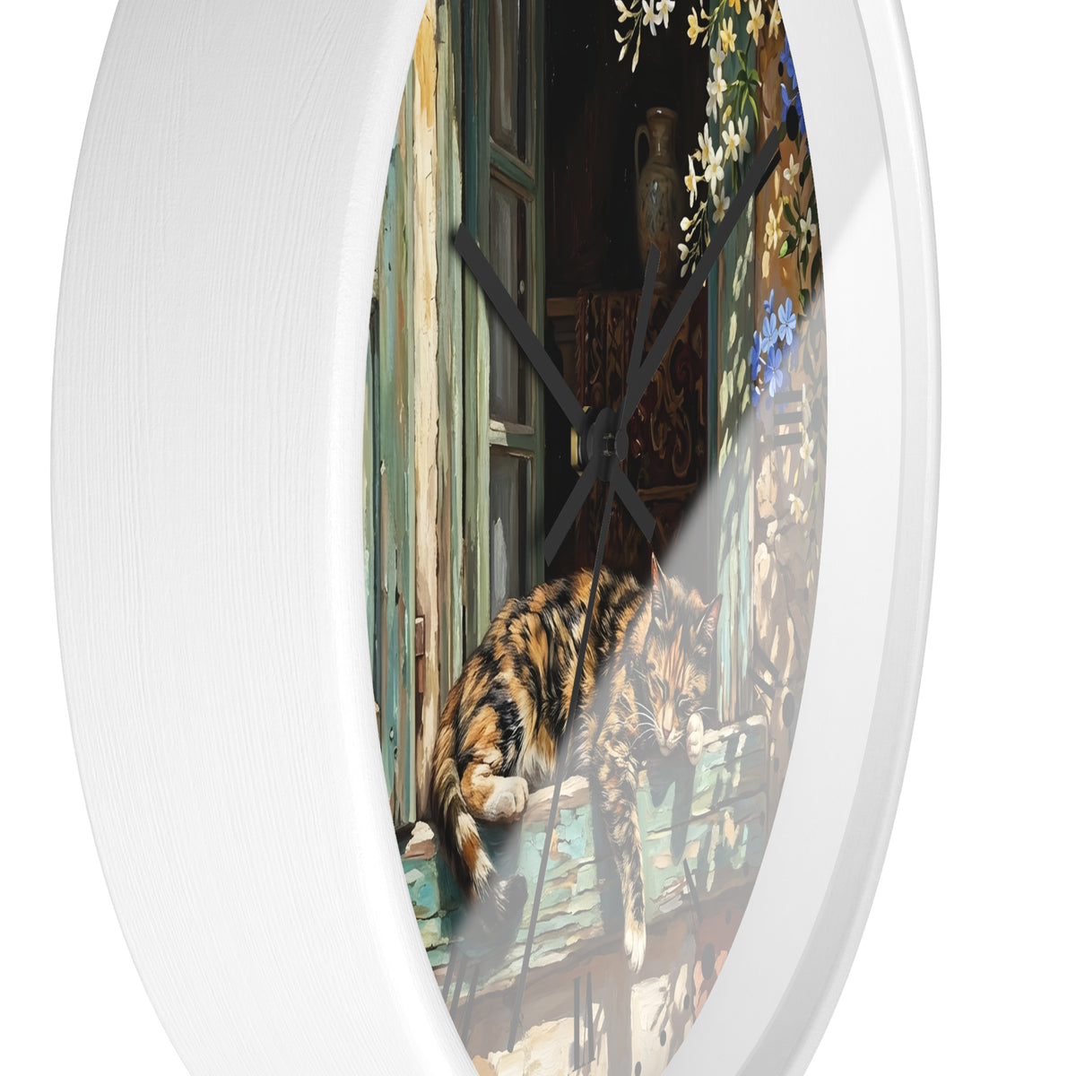 Round wall clock with a white frame and a printed illustration of a cat resting on a weathered windowsill, shown against a plain white background.