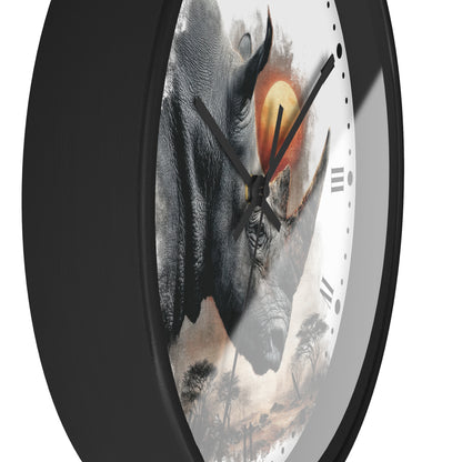 A round wall clock with a black frame and a white face featuring a large rhinoceros illustration over a savanna sunset scene. The clock is shown at an angle against a plain white background.