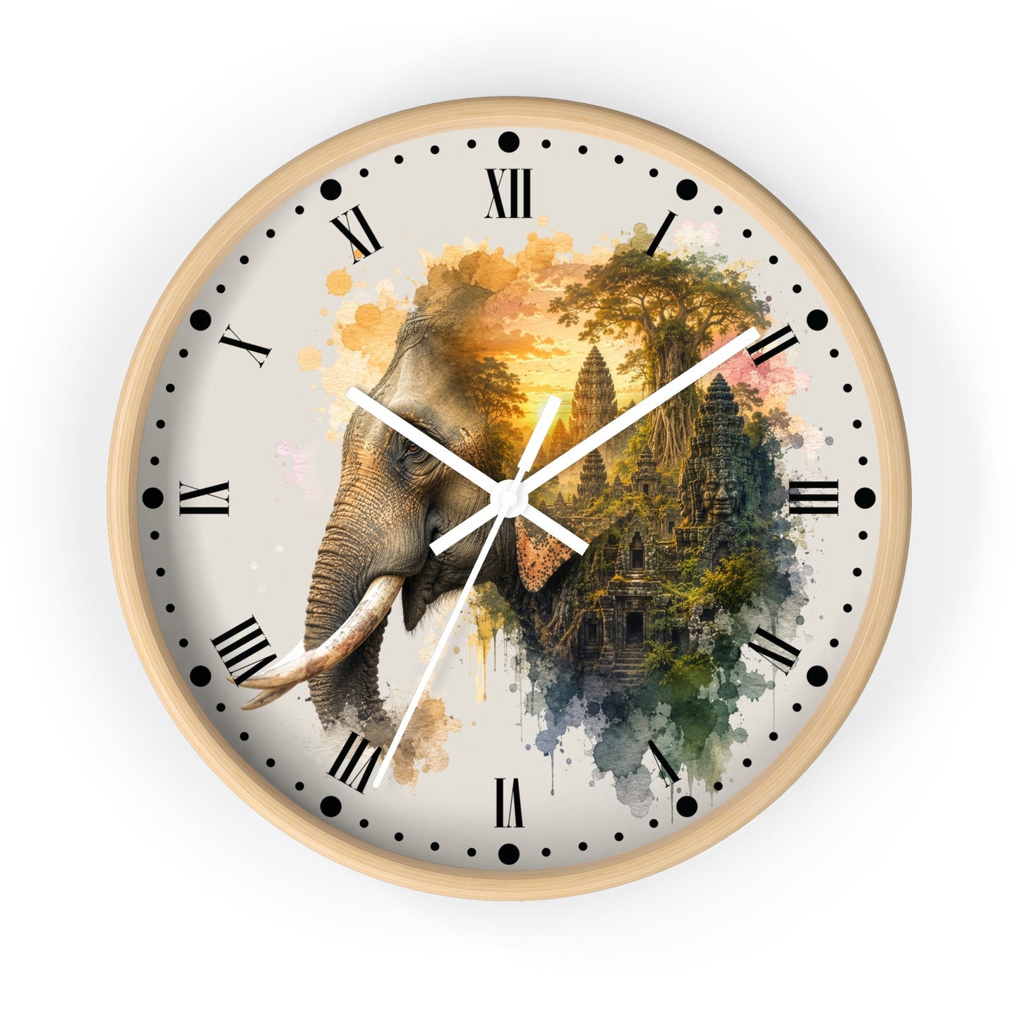 Elephant Temple Wall Clock — Watercolor Safari Home Decor