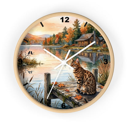 Autumn Lakeside Bengal Cat Wall Clock — Rustic Cabin Sunset Decor