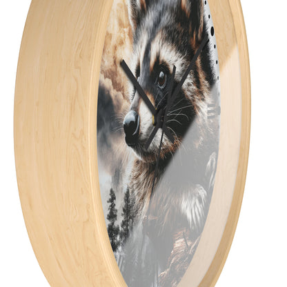 Round wall clock with a light natural wood frame and a printed raccoon face artwork on the face, shown against a plain white background.