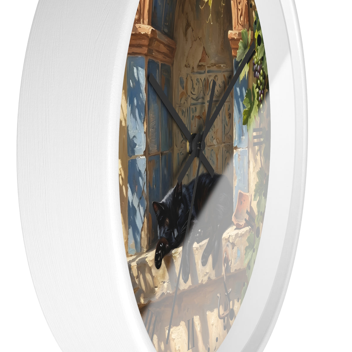 A white oval wall clock featuring a printed illustration of a black cat resting on a windowsill with blue shutters and warm sunlight.