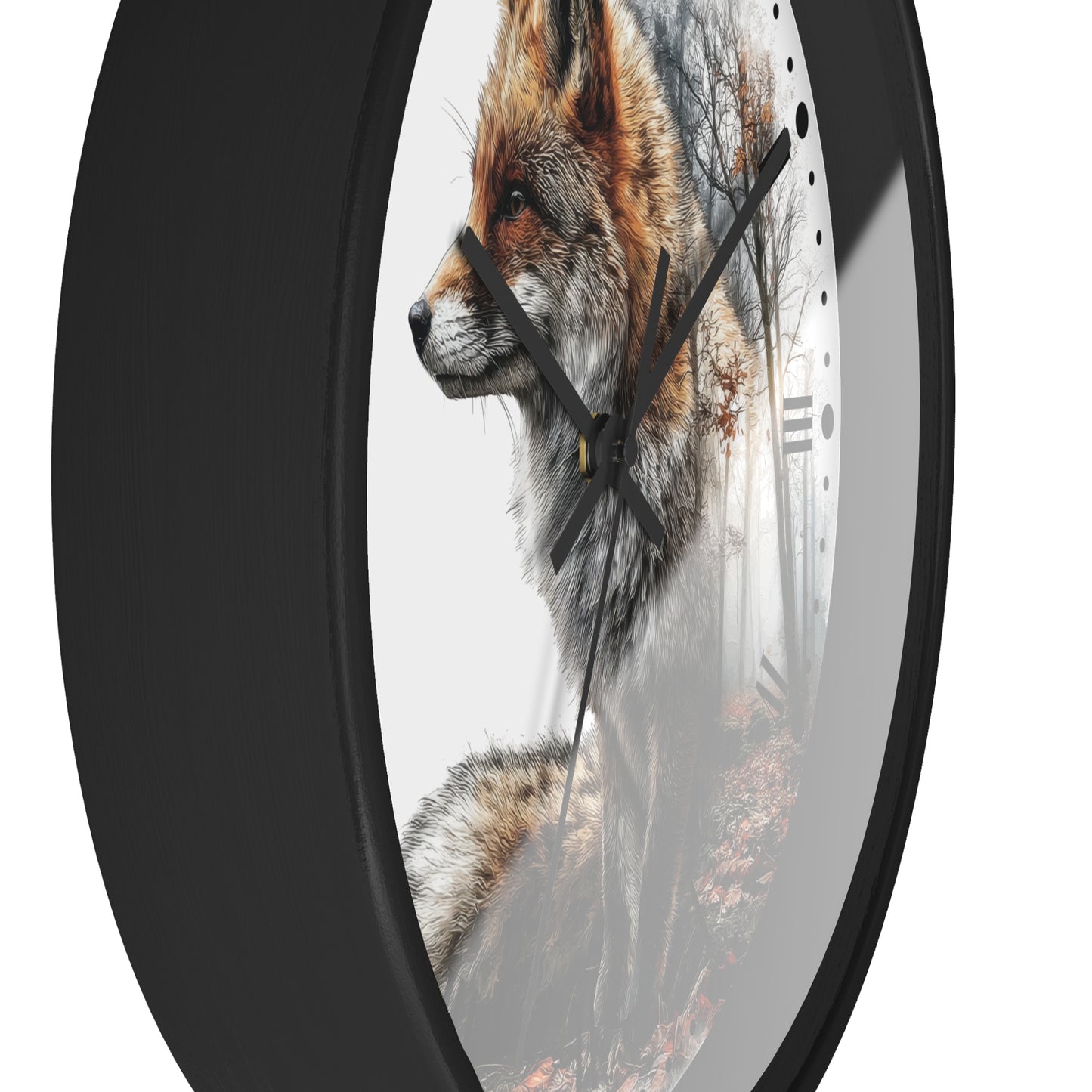 A round wall clock with a black frame and black hands, featuring a printed design of a fox in profile over a misty forest scene.
