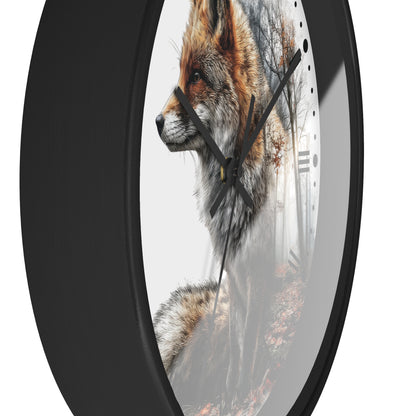 A round wall clock with a black frame and black hands, featuring a printed design of a fox in profile over a misty forest scene.