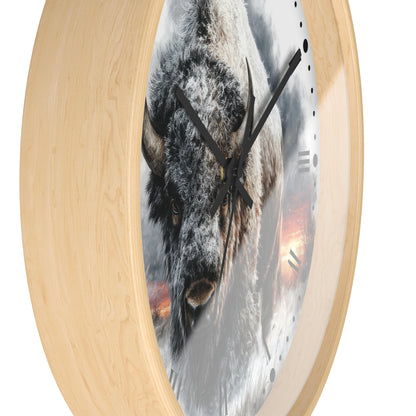 Bison Sunrise Wall Clock with Roman Numerals — Rustic Buffalo Decor