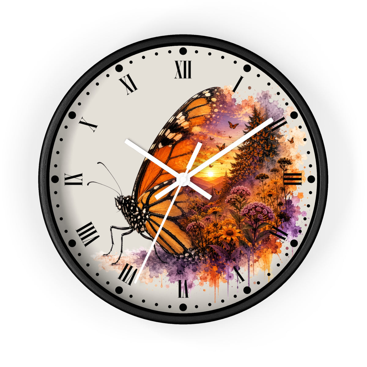 Round wall clock with a black frame and a printed butterfly artwork over a watercolor-style floral background. The clock face is light beige with black Roman numerals and white hands.