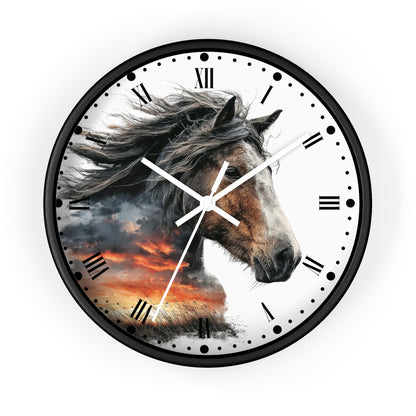 A round wall clock with a black frame and a white clock face featuring a photographic horse head composite over a dramatic orange and gray sunset sky. The clock has black Roman numerals and white hands.