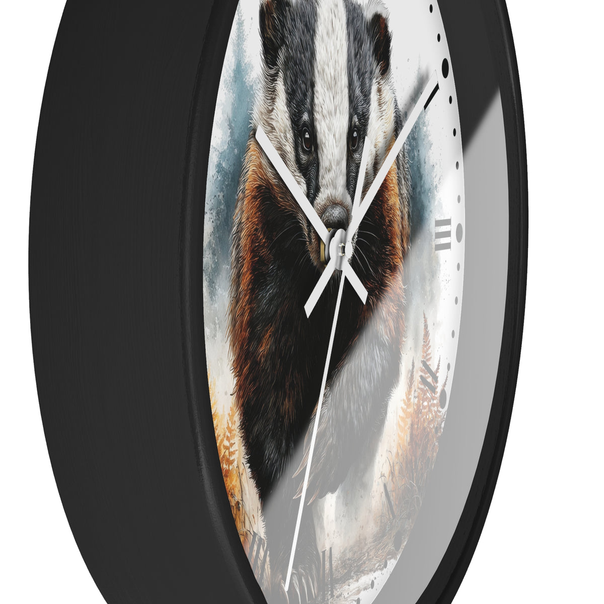 A round wall clock with a black frame and a printed animal face design on the face, featuring white hands and black Roman numerals, shown against a plain white background.
