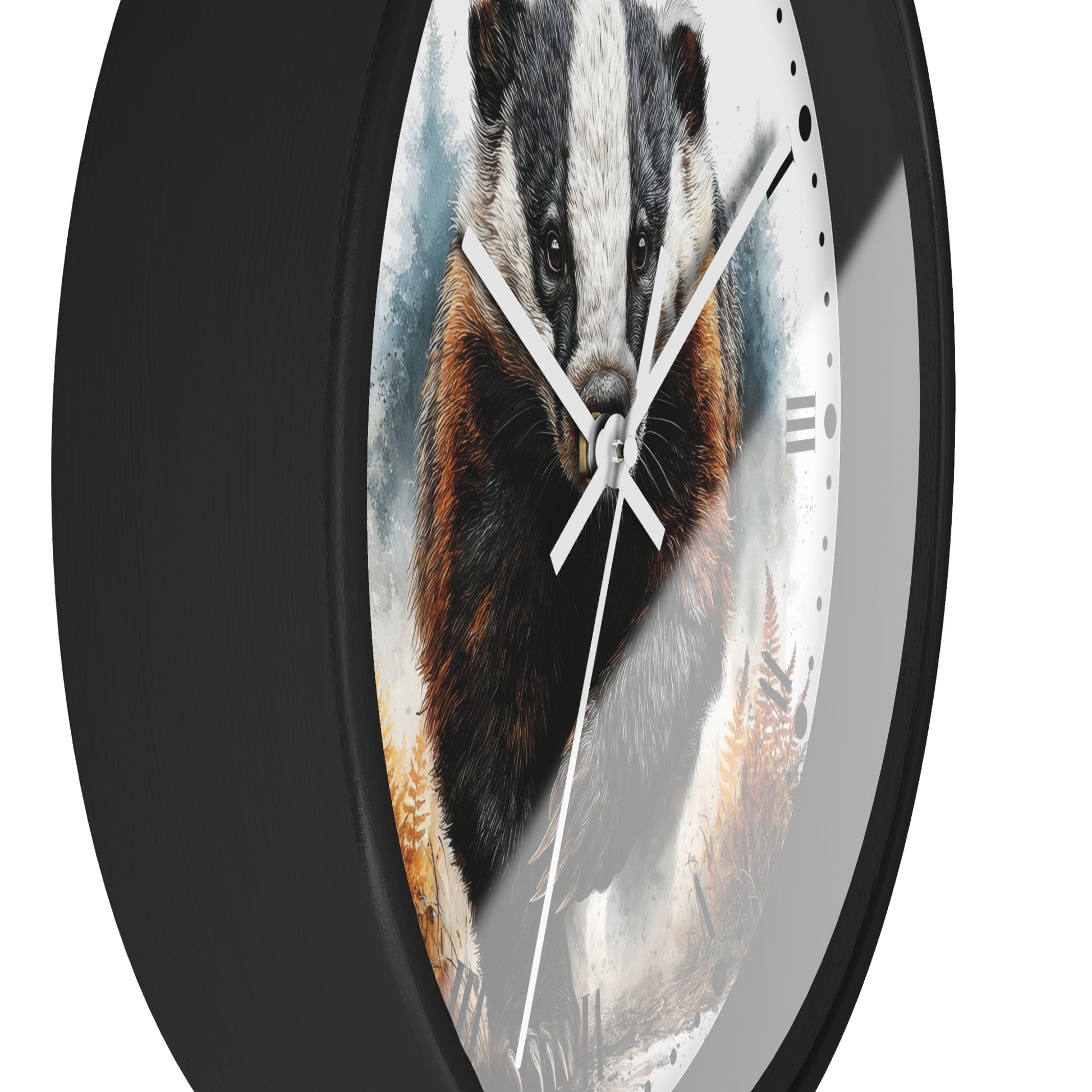A round wall clock with a black frame and a printed animal face design on the face, featuring white hands and black Roman numerals, shown against a plain white background.