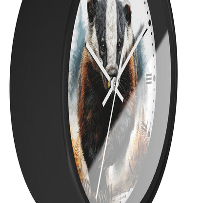 A round wall clock with a black frame and a printed animal face design on the face, featuring white hands and black Roman numerals, shown against a plain white background.