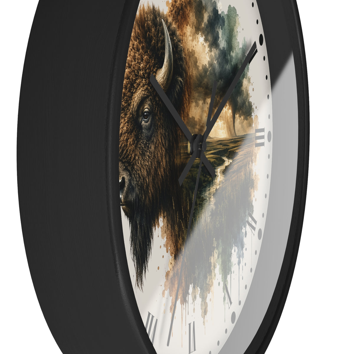 Buffalo Landscape Wall Clock — Rustic Prairie Bison Art