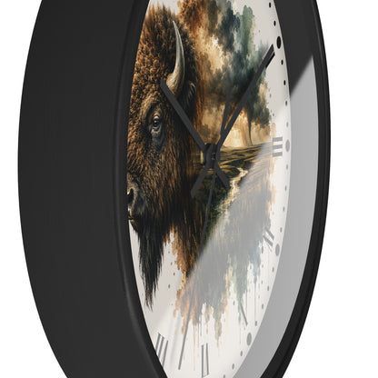 Buffalo Landscape Wall Clock — Rustic Prairie Bison Art