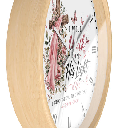 I Will Walk in His Light Wall Clock — Floral Cross Christian Cancer Awareness Gift