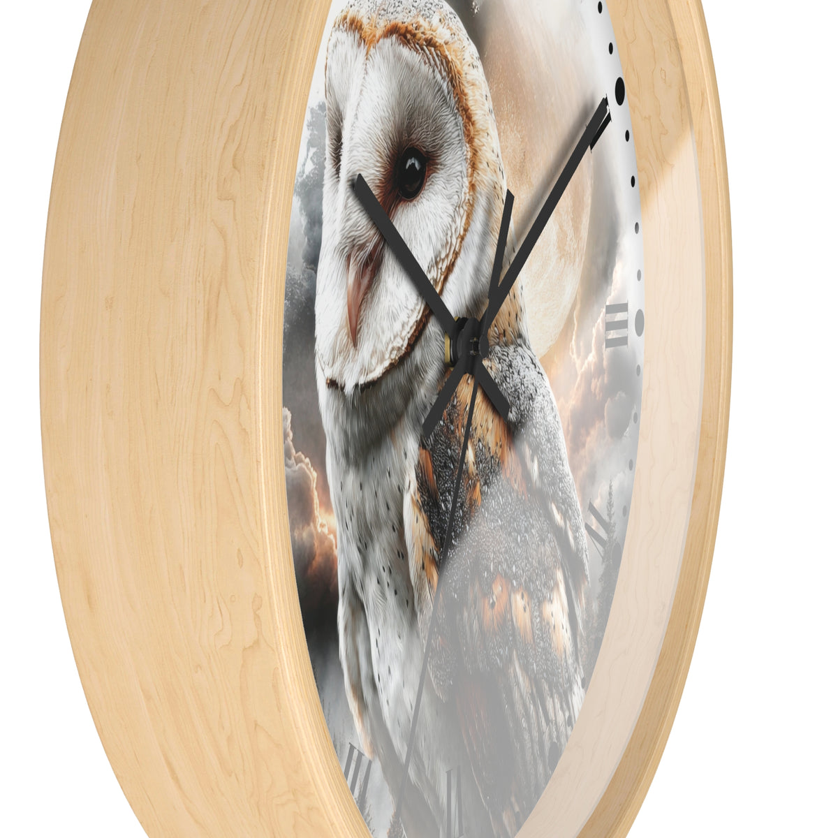 Round wall clock with a light natural wood frame and a printed owl face design on the clock face, shown against a plain white background.