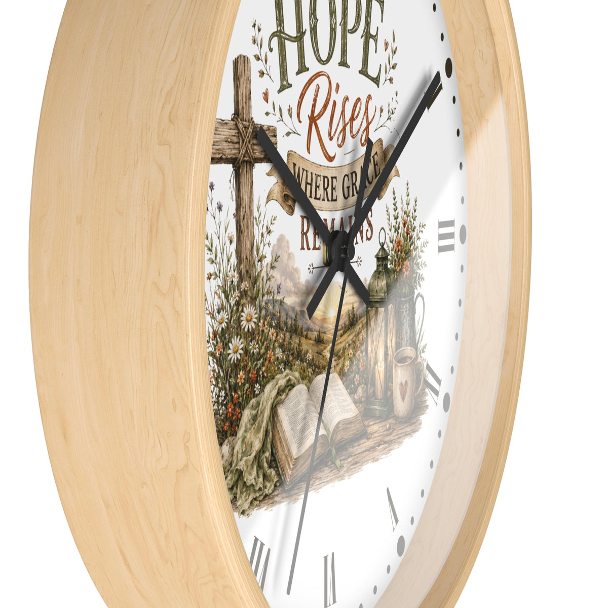 Christian Inspirational Wall Clock — "Hope Rises Where Grace Remains" Farmhouse Decor