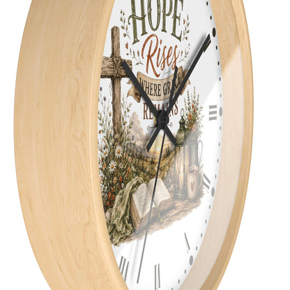 Christian Inspirational Wall Clock — "Hope Rises Where Grace Remains" Farmhouse Decor