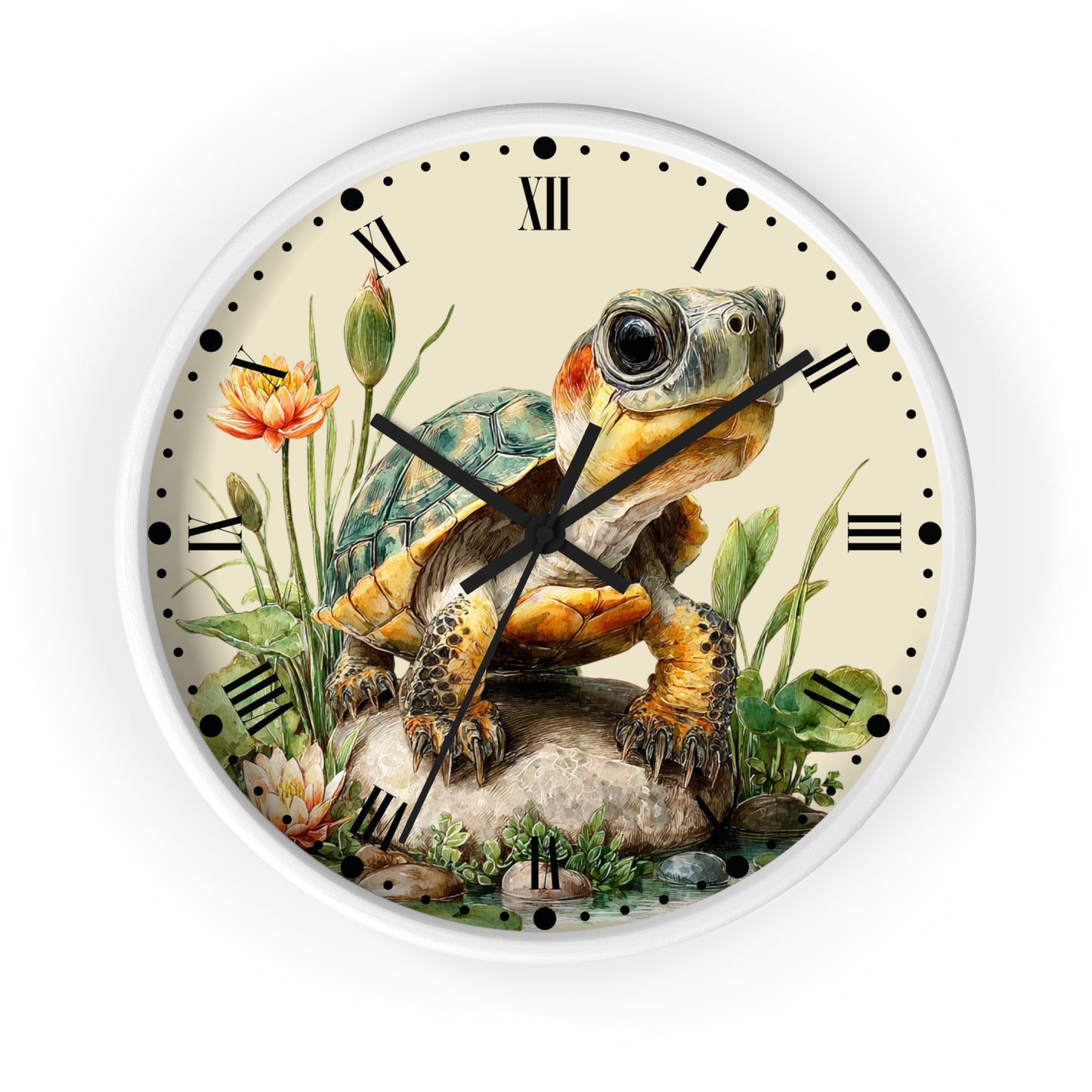 A round wall clock with a white frame and a vintage-style illustration of a turtle on the face, surrounded by flowers and greenery, with Roman numeral hour markers.