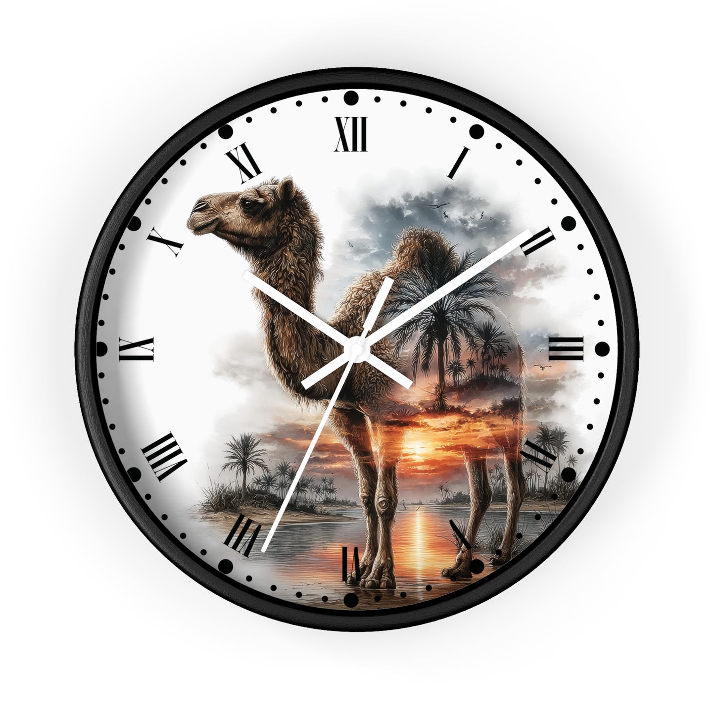 A round wall clock with a black frame and a printed desert scene featuring a camel standing in front of a sunset over water, with Roman numerals and white hands on a white dial.