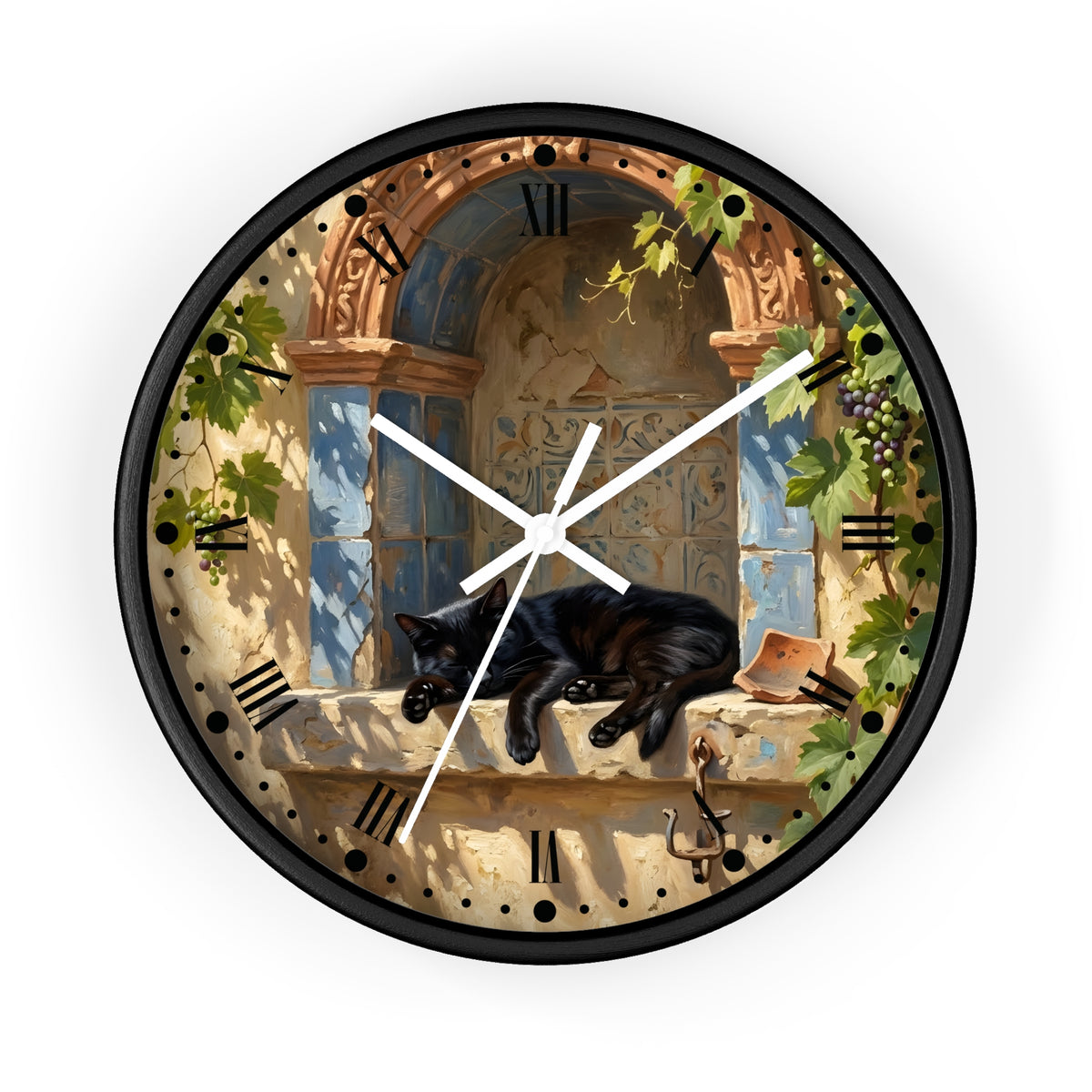 A round wall clock with a black frame and a detailed illustration of a black cat sleeping on a stone windowsill under an arched window. The clock face features Roman numerals, white clock hands, and a black outer background.
