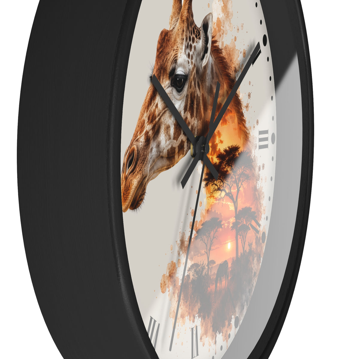 A round wall clock with a black frame and a printed face featuring a giraffe head over an orange sunset savanna scene, shown against a plain white background.