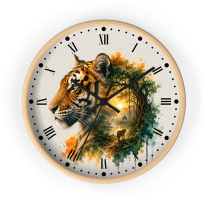 A round wall clock with a light wood frame and a printed design featuring a tiger's face merging into a forest scene. The clock face is off-white with black Roman numerals, black hour and minute hands, and a small deer near the bottom of the artwork.