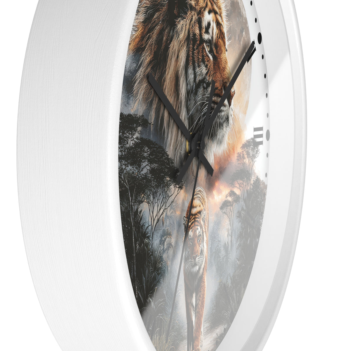 A white oval wall clock featuring a printed design of a majestic tiger head and tiger walking in a misty forest, with black hands and minimalist hour markers.
