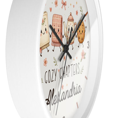Cozy Chapters Personalized Wall Clock | Cute Book & Tea Kids Room Decor