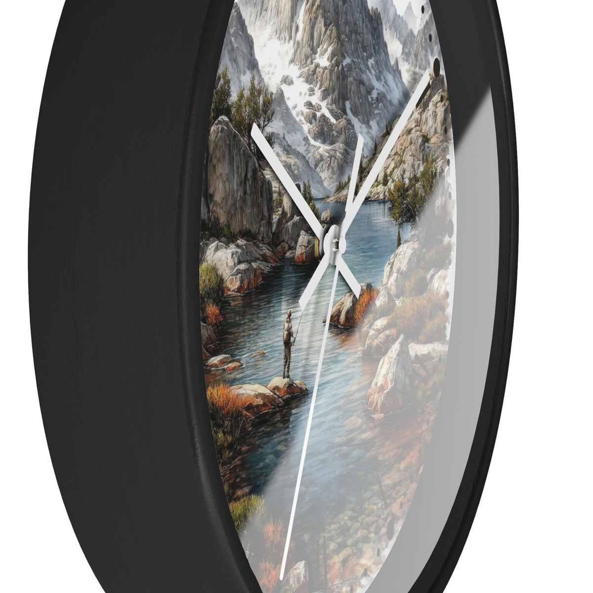 Oval wall clock with a black frame and a scenic landscape print of a mountain stream, rocks, and a fisherman, shown against a white background.