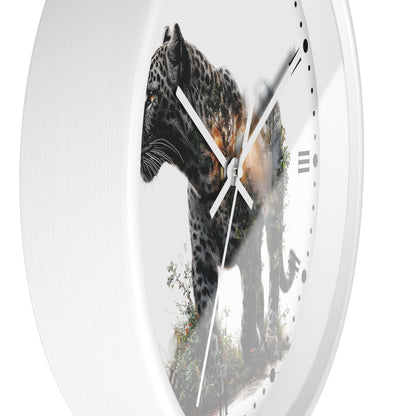 A round white wall clock with a printed double-exposure design of a black leopard over a forest scene on the clock face.