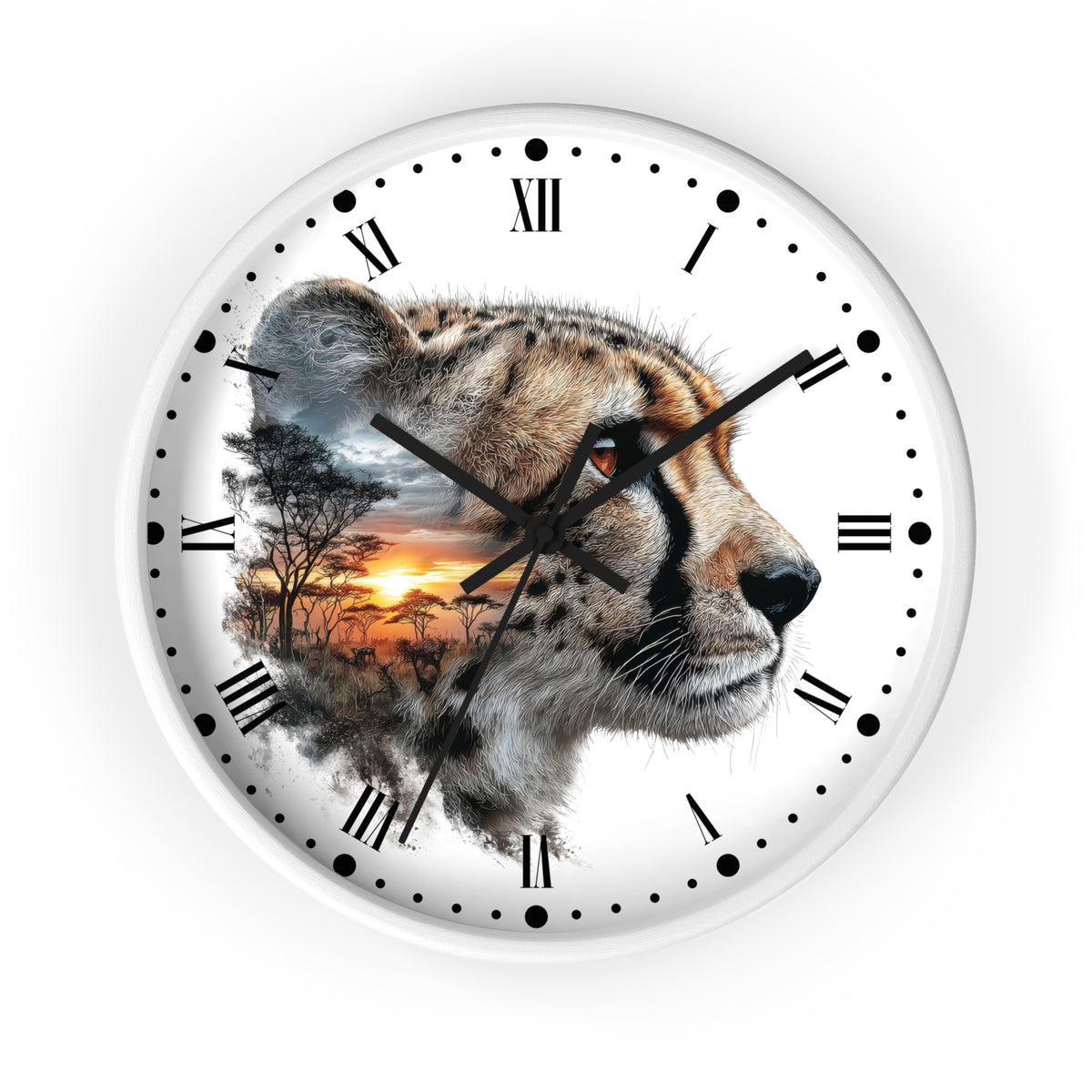A round wall clock with a white face, black Roman numerals, and black hands. The center features a photographic composite of a cheetah's face layered over a savanna sunset landscape scene.