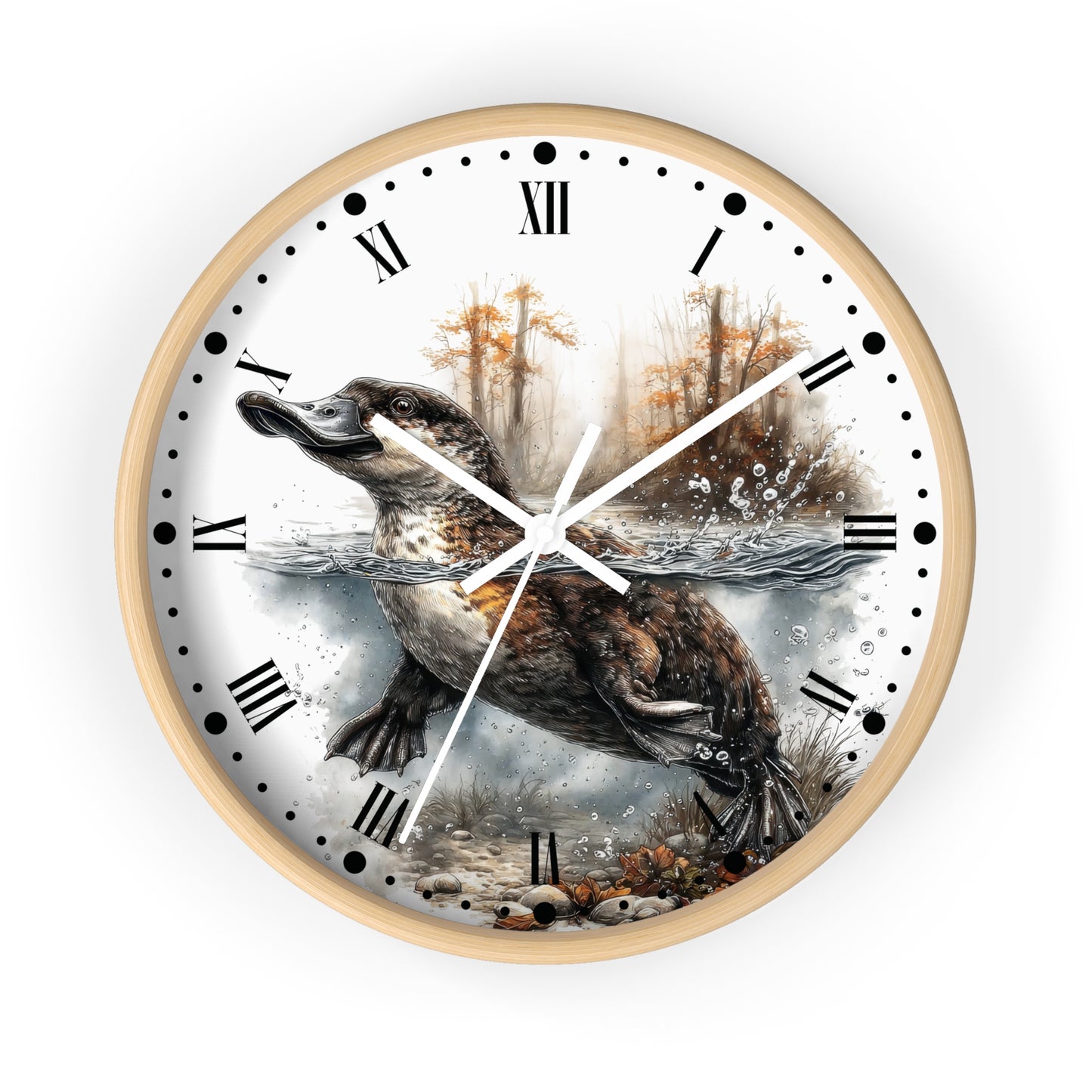 Duckbill Platypus Wall Clock with Roman Numerals — Rustic Woodland Animal Decor